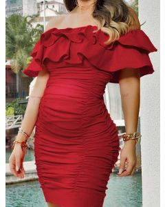 Red Cascading Ruffle Ruched Off Shoulder Bodycon Boat Neck Elegant Maternity Mini Dress