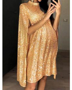 Yellow Sequin Cape High Neck Fashion Maternity Mini Dress