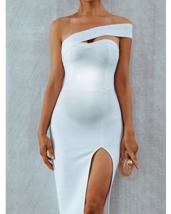 White Bandeau Side Slit Off Shoulder Bodycon Sleeveless Fashion Maternity Midi Dress
