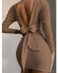 Brown Bow Bodycon Backless Long Sleeve Fashion Mini Dress