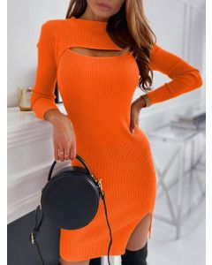 Orange Cut Out Side Slit Bodycon Long Sleeve Fashion Mini Dress
