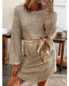 Golden Sequin Belt Round Neck Fashion Mini Dress