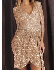 Golden Sequin Cross Chest Lace Up Long Sleeve Fashion Maternity Mini Dress