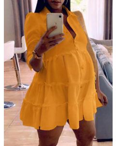 Yellow Single Breasted Ruffle Turndown Collar Fashion Maternity Mini Dress