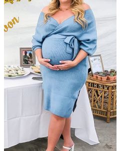 Blue Belt Lace-up Backless Long Sleeve Fashion Maternity Mini Dress