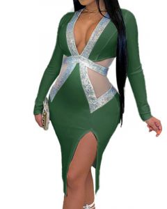 Green Patchwork Grenadine Sequin Side Slit Deep V-neck Fashion Maternity Mini Dress