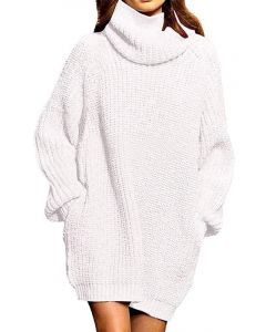 White Pockets Crochet Oversize High Neck Fashion Maternity Mini Sweater Dress