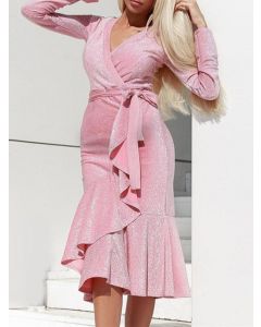 Pink Belt Ruffle Lace Up Cross Chest Long Sleeve Fashion Maternity Midi Dress