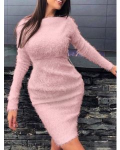 Pink Bodycon Fluffy Long Sleeve Fashion Maternity Mini Dress