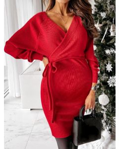 Roter Gürtel mit V-Ausschnitt langärmliges elegantes figurbetontes Pulloverkleid