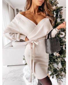 Beige Belt Lace Up Cross Chest Bodycon Long Sleeve Fashion Mini Sweater Dress