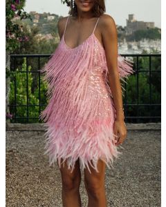Pink Patchwork Sequin Tassel Condole Belt Off Shoulder V-neck Fashion Maternity Mini Dress