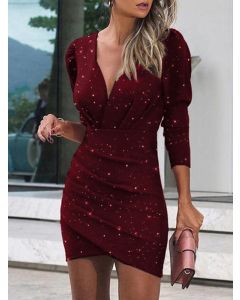 Red Sequin Ruched Bodycon Long Sleeve Fashion Mini Dress