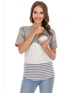 Grey Patchwork Striped Lace Multi-Functional Breast Feeding Short Sleeve Casual Maternity Nursing T-Shirt