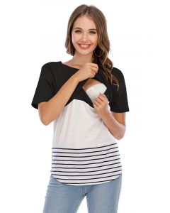 Black Patchwork Striped Lace Multi-Functional Breast Feeding Short Sleeve Casual Maternity Nursing T-Shirt