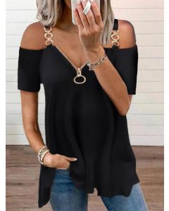 Black Condole Belt Zipper Irregular Off Shoulder V-neck Fashion T-Shirt