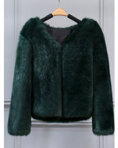 Green Faux Fur Fluffy V-neck Long Sleeve Fashion Coat