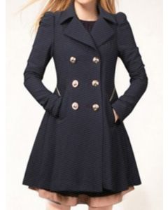 Navy Blue Pockets Ruffle Double Breasted Tailored Collar Long Sleeve Fashion Plus Size Trench Coat