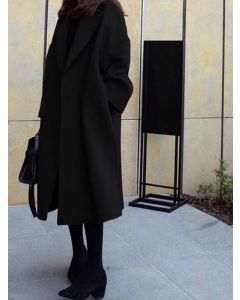 Black Slits On Both Sides Pockets Turndown Collar Long Sleeve Fashion Wool Coat
