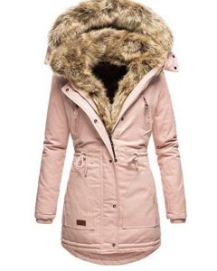 Pink Pockets Buttons Zipper Drawstring Faux Fur Hooded Fashion Padded Coat