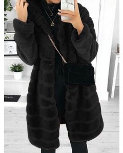 Black Buttons Hooded Long Sleeve Fashion Plus Size Faux Fur Coat
