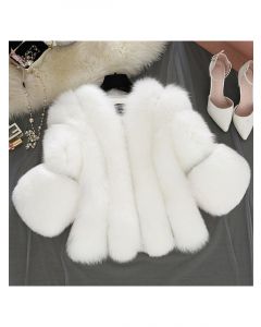 White Fluffy Three Quarter Length Sleeve Fashion Plus Size Faux Fur Coat