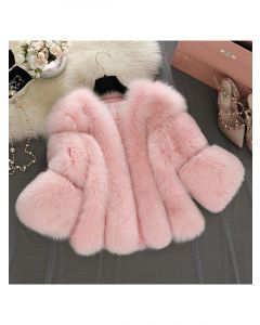 Abrigo esponjoso manga tres cuartos moda tallas grandes piel sintética rosa.