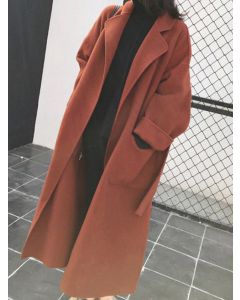 Red Belt Pockets Lace Up Side Slit Turndown Collar Fashion Wool Coat