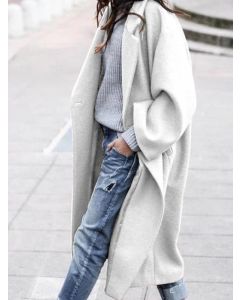 White Pockets Buttons Turndown Collar Long Sleeve Fashion Wool Coat