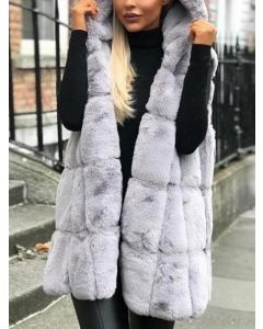 Grey Fluffy Hooded Sleeveless Casual Faux Fur Coat