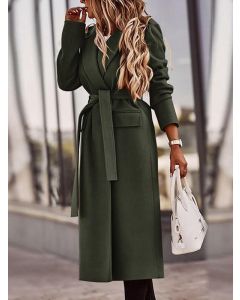 Army Green Pockets Belt Turndown Collar Long Sleeve Fashion Wool Coat