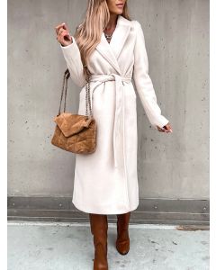 White Belt Turndown Collar Long Sleeve Fashion Wool Coat