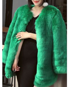 Abrigo piel sintética esponjosa cuello redondo manga larga moda verde