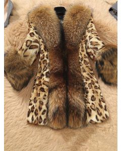 Brown Leopard Patchwork Fluffy Long Sleeve Fashion Plus Size Faux Fur Coat
