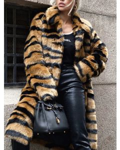Brown Tiger Stripes Fluffy Turndown Collar Long Sleeve Fashion Plus Size Faux Fur Coat