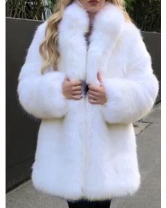 White Fluffy Turndown Collar Long Sleeve Fashion Faux Fur Coat