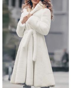 White Belt Pockets Hooded Long Sleeve Fashion Fluffy Faux Fur Coat