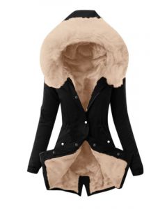 Black And Apricot Single Breasted Drawstring Pockets Hooded Long Sleeve Fashion Padded Coat