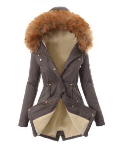 Grauer Kordelzug Reißverschlusstaschen mit Kapuze Pelzkragen Mode gepolsterter Mantel