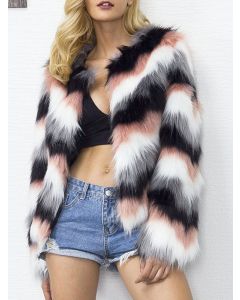 Pink Color Block Striped Round Neck Long Sleeve Fashion Fluffy Faux Fur Coat