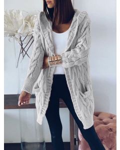 Grey Crochet Twist Pockets Long Sleeve Casual Oversize Mid Length Cardigan Sweater