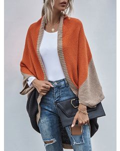 Khaki Patchwork Color Block Dolman Sleeve Casual Cardigan Sweater