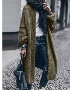 Army Green Crochet Long Sleeve Streetwear Plus Size Mid Length Cardigan Sweater