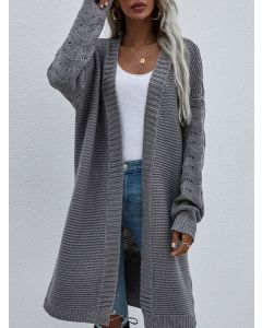 Grey Crochet Long Sleeve Casual Oversize Mid Length Cardigan Sweater