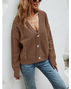 Brown Crochet Twist Single Breasted V-neck Long Sleeve Casual Cardigan Sweater