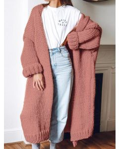 Pink Crochet Long Sleeve Casual Oversize Mid Length Cardigan Sweater