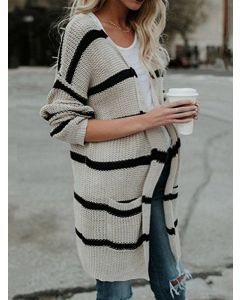 Apricot Striped Crochet Pockets Long Sleeve Casual Oversize Cardigan Sweater