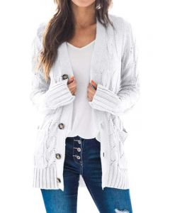 Blue Single Breasted Pockets Crochet V-neck Long Sleeve Casual Plus Size Cardigan Sweater