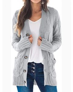 Grey Single Breasted Pockets Crochet V-neck Long Sleeve Casual Plus Size Cardigan Sweater