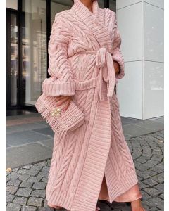 Pink Twist Crochet Belt Pockets Turndown Collar Long Sleeve Casual Plus Size Long Cardigan Sweater